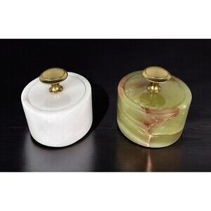 Marble Salt Cellar set with lid, green & white, golden handle, pinch bowl, New